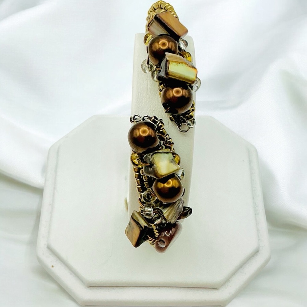 Indigenous Beaded wrap Bracelet Gold, Cream, & Brown Stone Gold Beaded - Picture 3 of 4